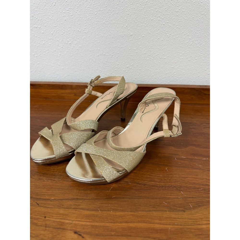 Nina Gold Glitter Strappy Sandals Kitten Heel Evening Dress Shoes 8.5M